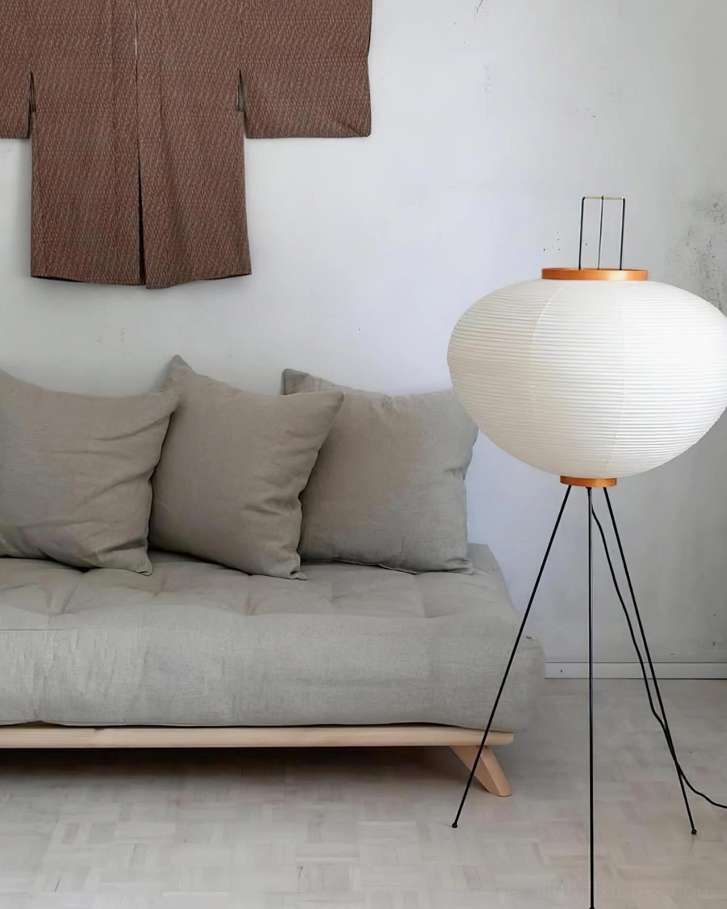 Akari 10A floor lamp styling in contemporary minimalist apartment with neutral color palette