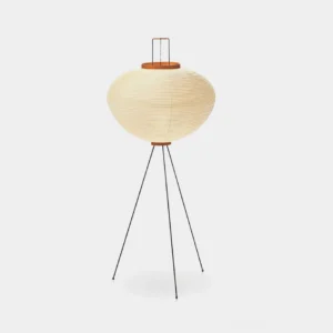 Akari 10A minimalist paper floor lamp with black metal tripod base and white pleated shade, front studio view