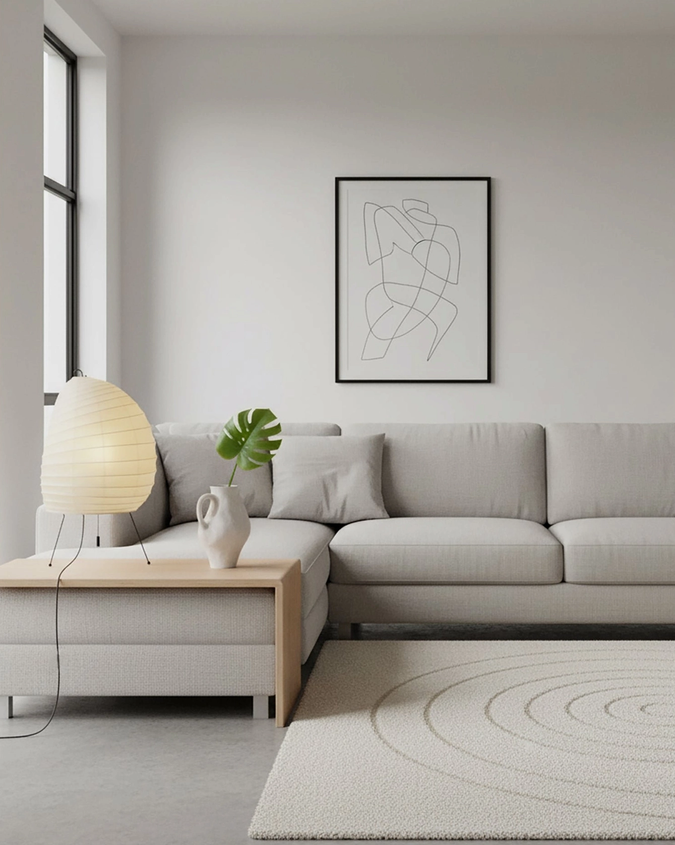 Akari 1N minimalist washi paper table lamp artistic composition with shadow detail and sculptural presence