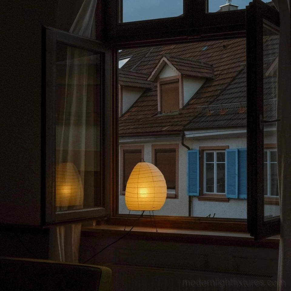 Akari 1N washi paper table lamp showing 59-inch cord length and integrated push-button switch control detail