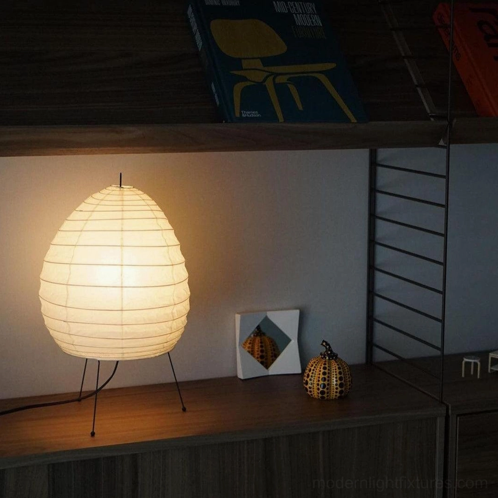 Akari 1N Japanese washi paper lamp full-length view showing tripod base to shade relationship and overall proportions