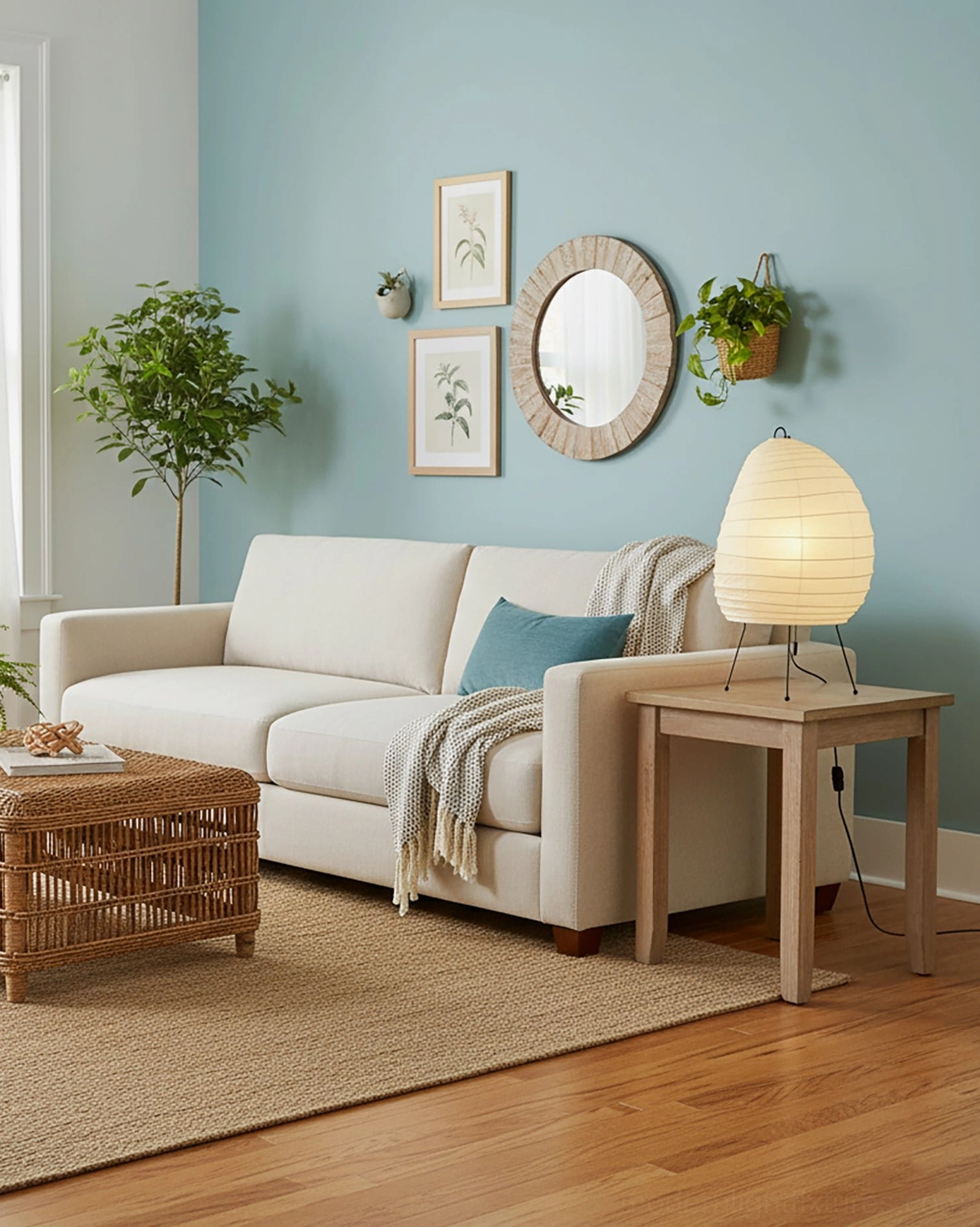 Akari 1N modern washi paper table lamp on wooden side table next to contemporary living room sofa with neutral decor