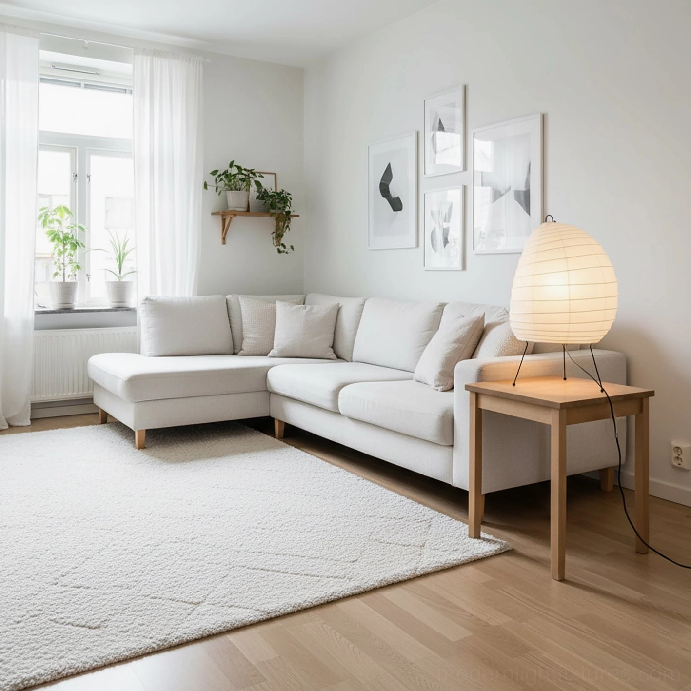 Akari 1N Japanese washi paper table lamp illuminated showing omnidirectional warm glow and diffusion throughout space