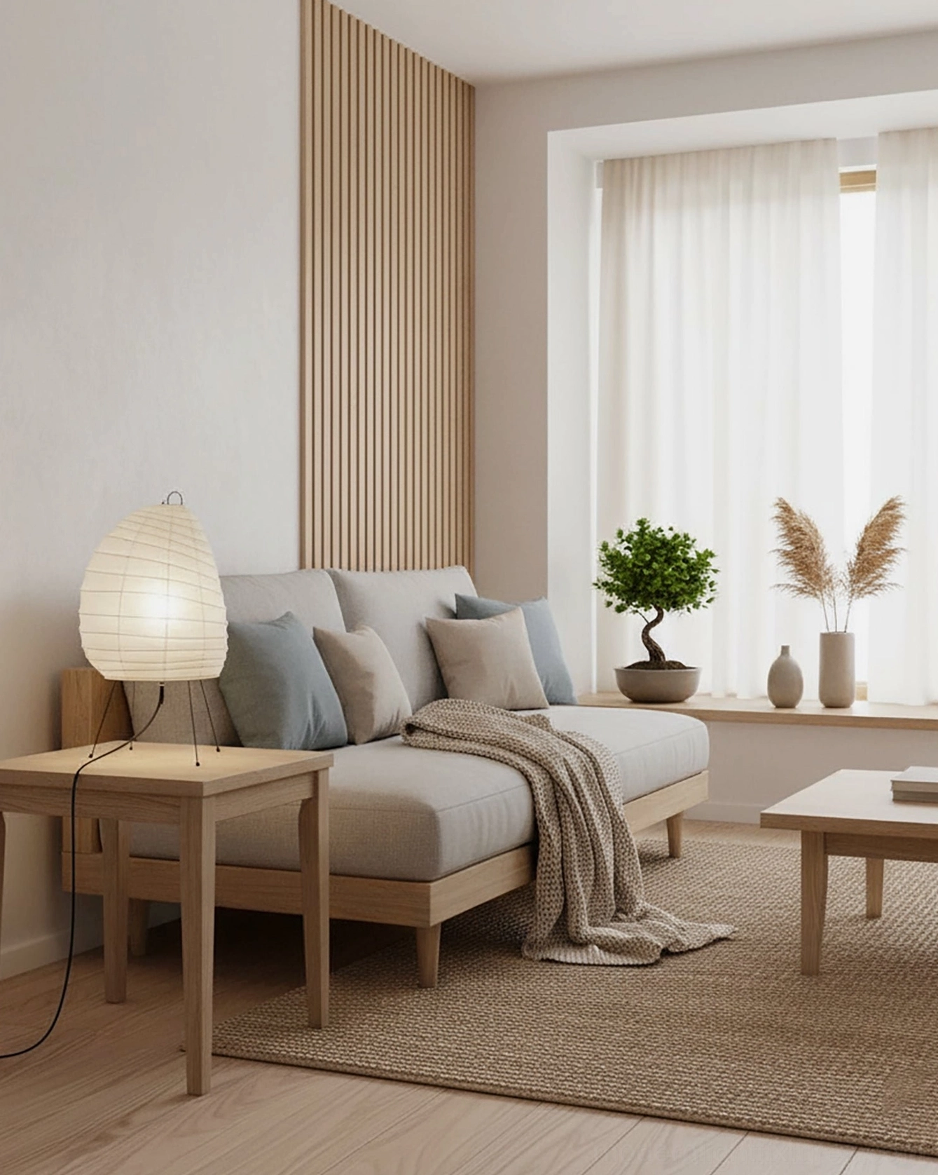 Akari 1N Japanese washi paper table lamp profile side view showing sculptural steel wire tripod and diffused paper shade proportions