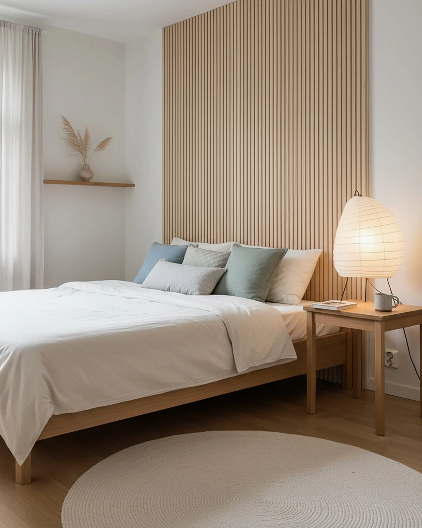 Akari 1N Japanese washi paper lamp softly glowing on wooden bedside table in Scandinavian minimalist master bedroom design