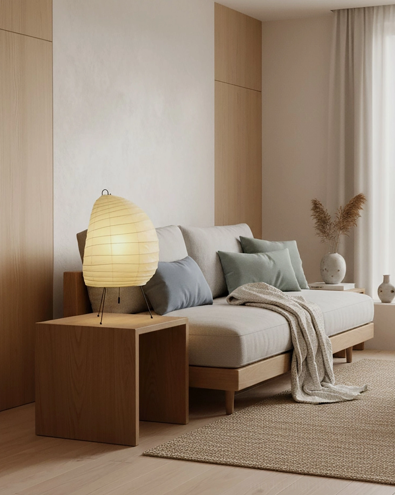 Akari 1N washi paper table lamp creating serene atmospheric lighting in minimalist interior space with calm ambiance