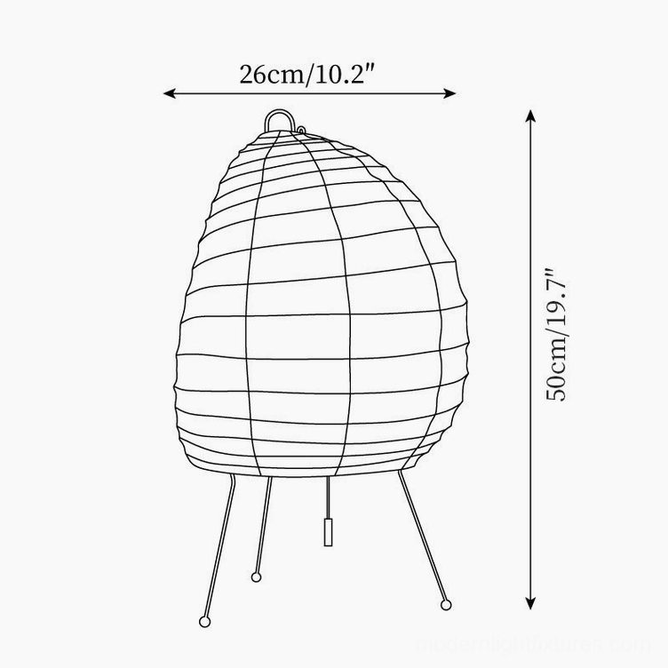 Akari 1N washi paper table lamp technical schematic drawing showing dimensions 26cm shade diameter and 50cm height specifications