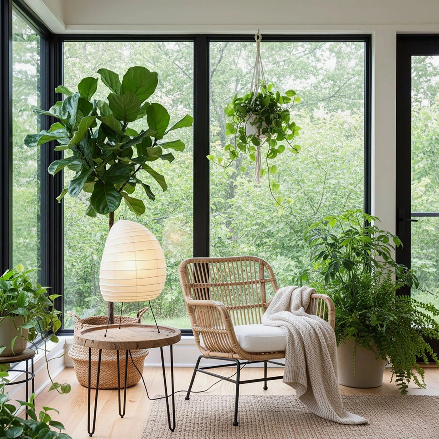 Akari 1N washi paper table lamp on wicker side table surrounded by green potted plants in bright sunroom seating area