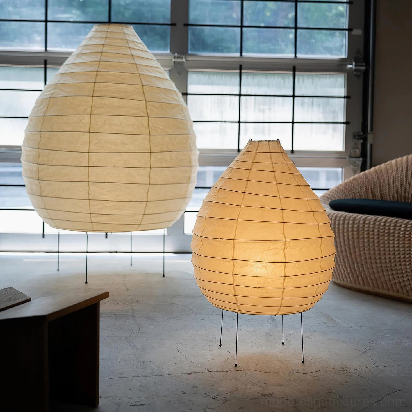 Akari 23N teardrop floor lamp ambient lighting in Japandi interior design setting