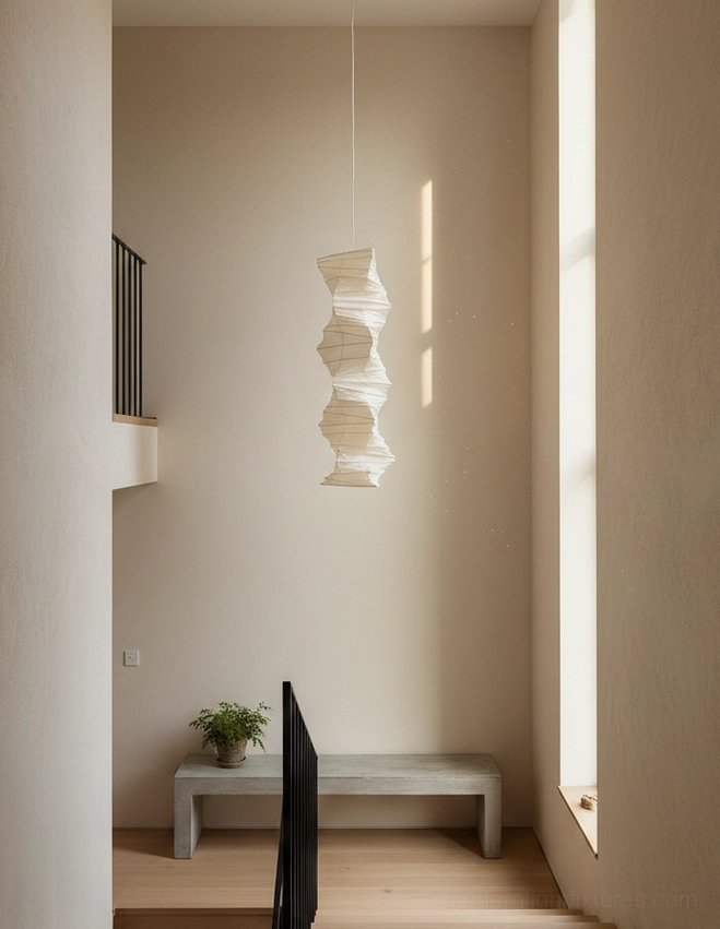 Akari 33N minimalist pendant light suspended in narrow entryway with small potted plant decoration