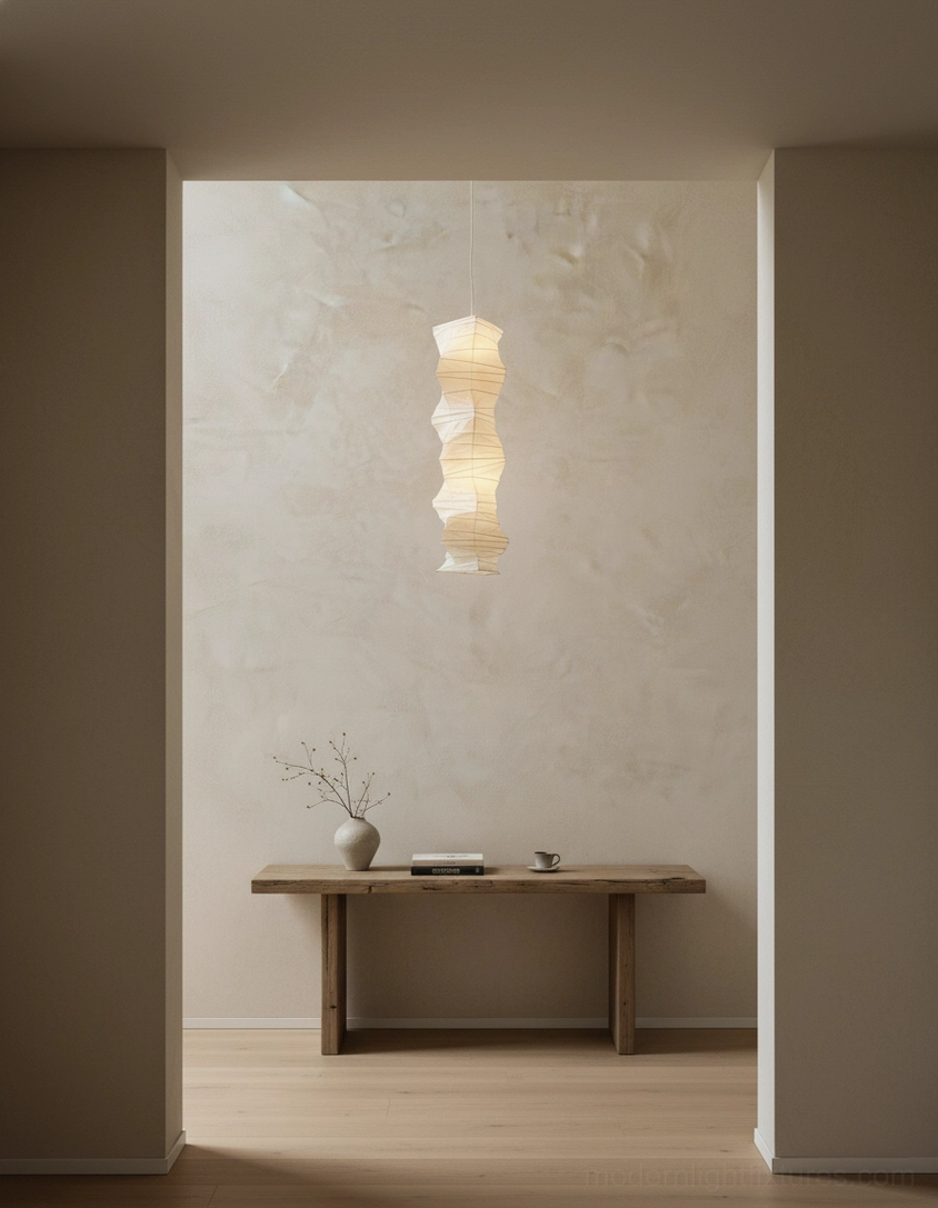 Akari 33N Japanese folded paper pendant light architectural detail showing construction and hanging mechanism