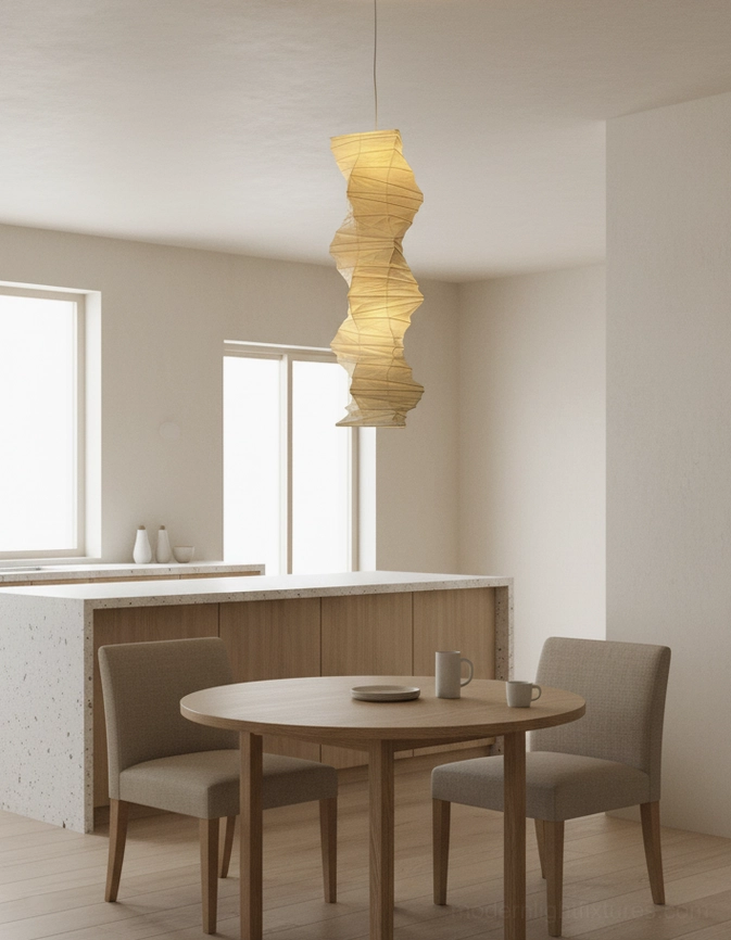 Akari 33N Japanese minimalist pendant lamp full view showing complete sculptural form and hanging system