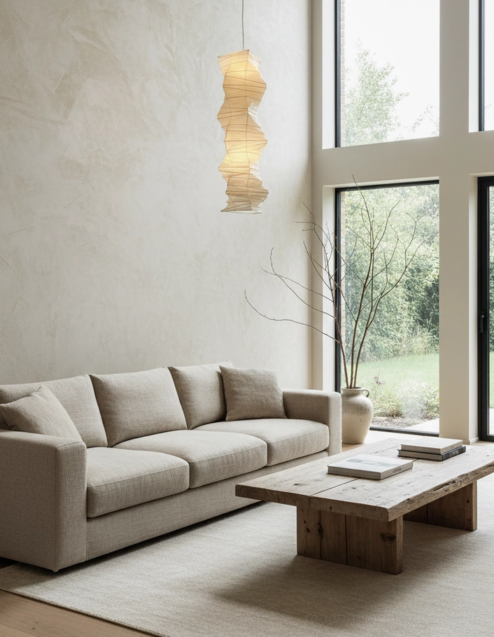 Akari 33N folded pendant light hanging in modern double-height living room with warm wabi-sabi home decor styling