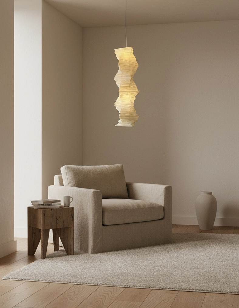 Akari 33N pendant light close-up of paper fold details and textured surface in neutral cream-beige tone