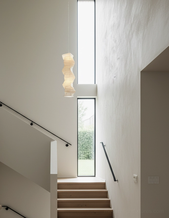 Akari 33N pendant lamp side view in modern duplex stairwell with floor windows minimalist warm interior design