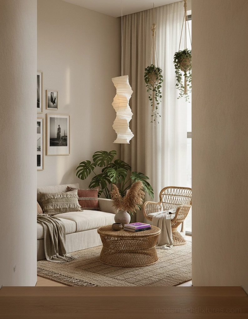 Akari 33N paper pendant lamp in cozy bohemian living lounge with multiple hanging lamps warm neutral styling