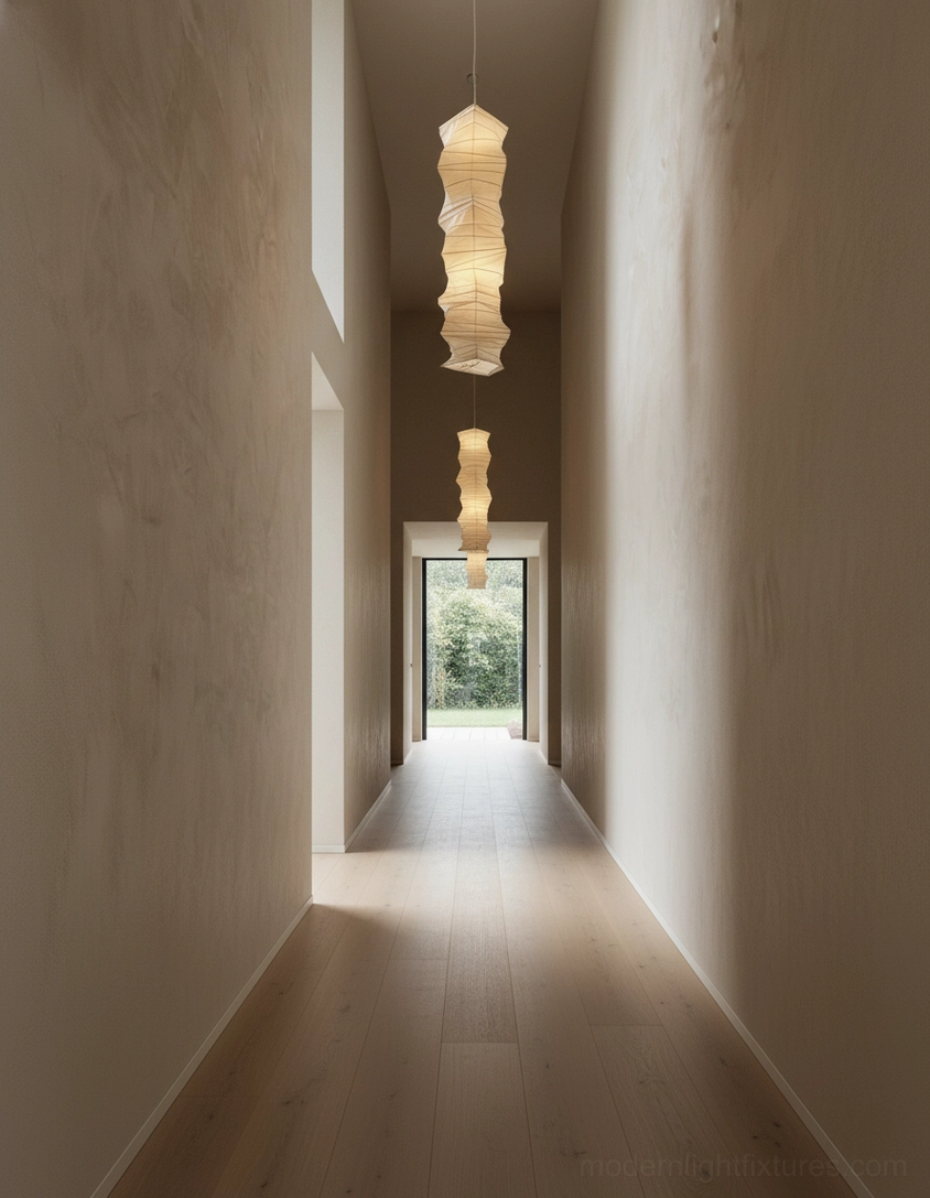 Akari 33N minimalist pendant shade in off-white paper showing vertical fold structure and light diffusion