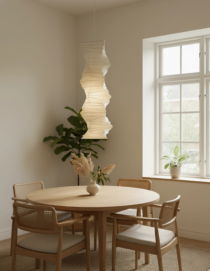 Akari 33N wabi-sabi pendant lamp hanging view emphasizing Japanese craftsmanship and organic paper texture