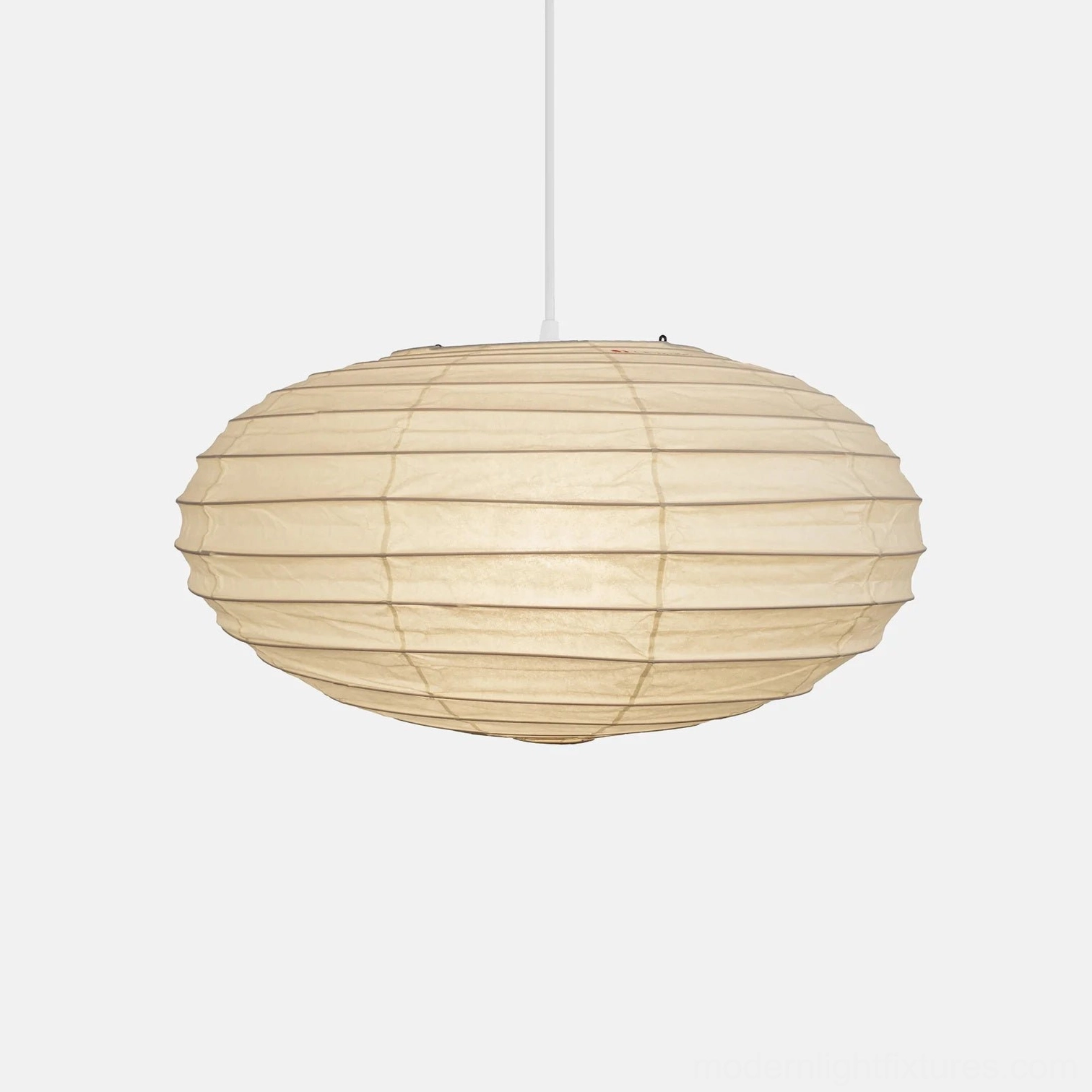 Akari 50EN washi paper pendant lamp flat lay product display, beige color with horizontal ribbed shade design