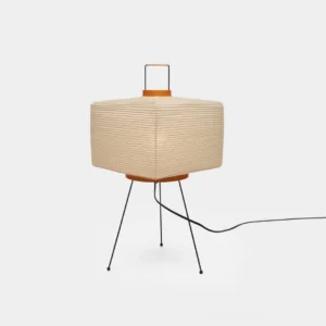 Akari 7A minimalist washi paper table lamp with black iron tripod base front view studio