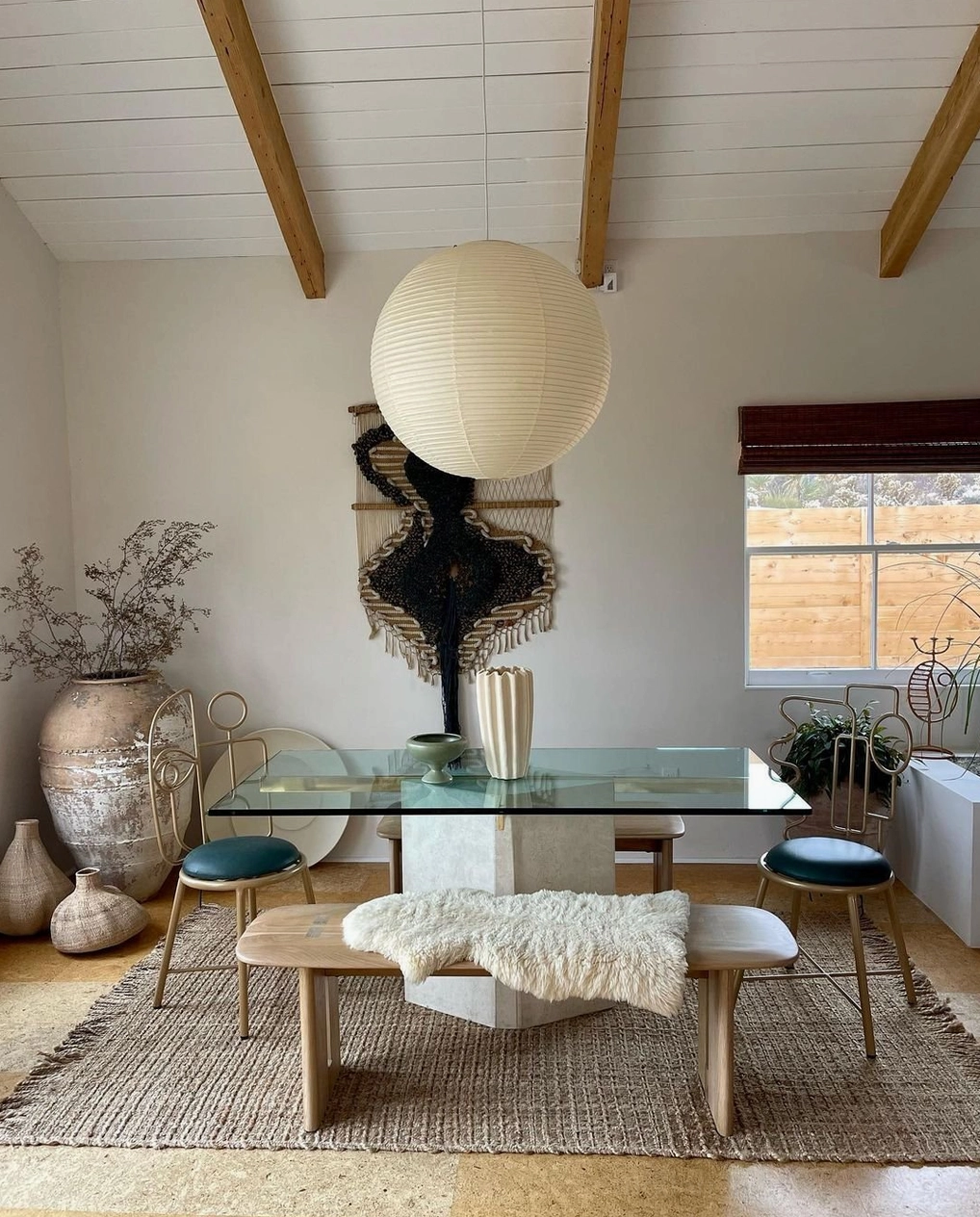 Akari A white pendant light in Scandinavian minimalist bedroom