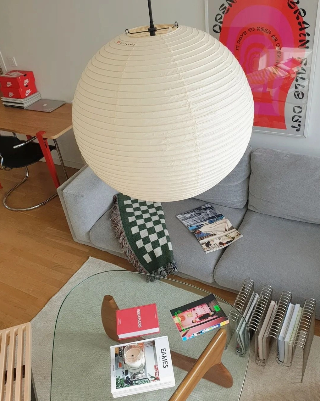 Akari A pendant light with white cord routed to outlet plug-in installation