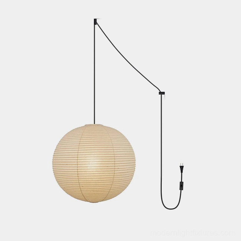 Black cord plug-in Akari A Series paper pendant lamp in white finish, minimalist wabi-sabi design