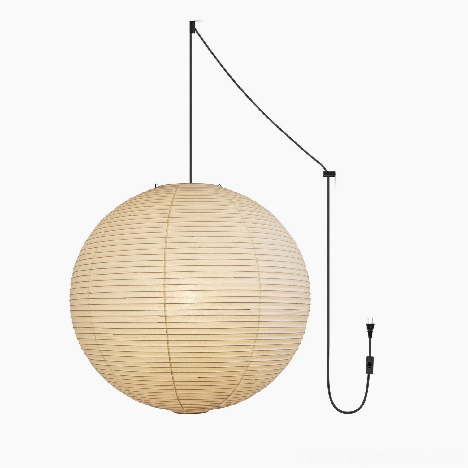 Akari A Series XXLarge white paper pendant lamp with black cord and global plug options