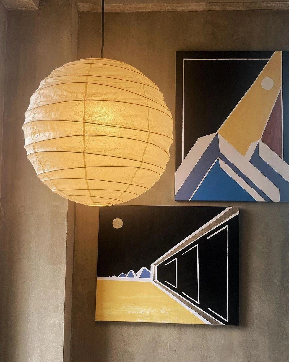 Japanese Washi pendant lamp 75cm - focal point above dining table in mid-century modern home