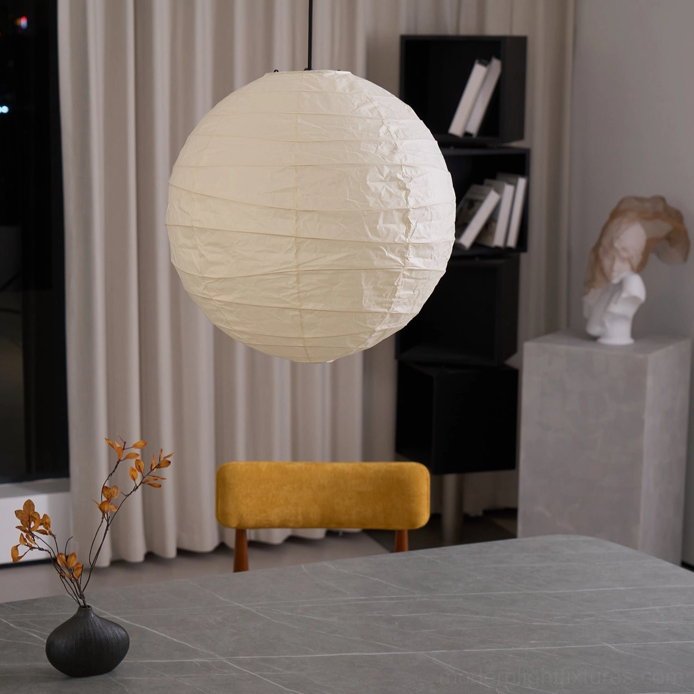 Akari D Series Japanese Washi pendant lamp - assembly detail of paper shade and frame
