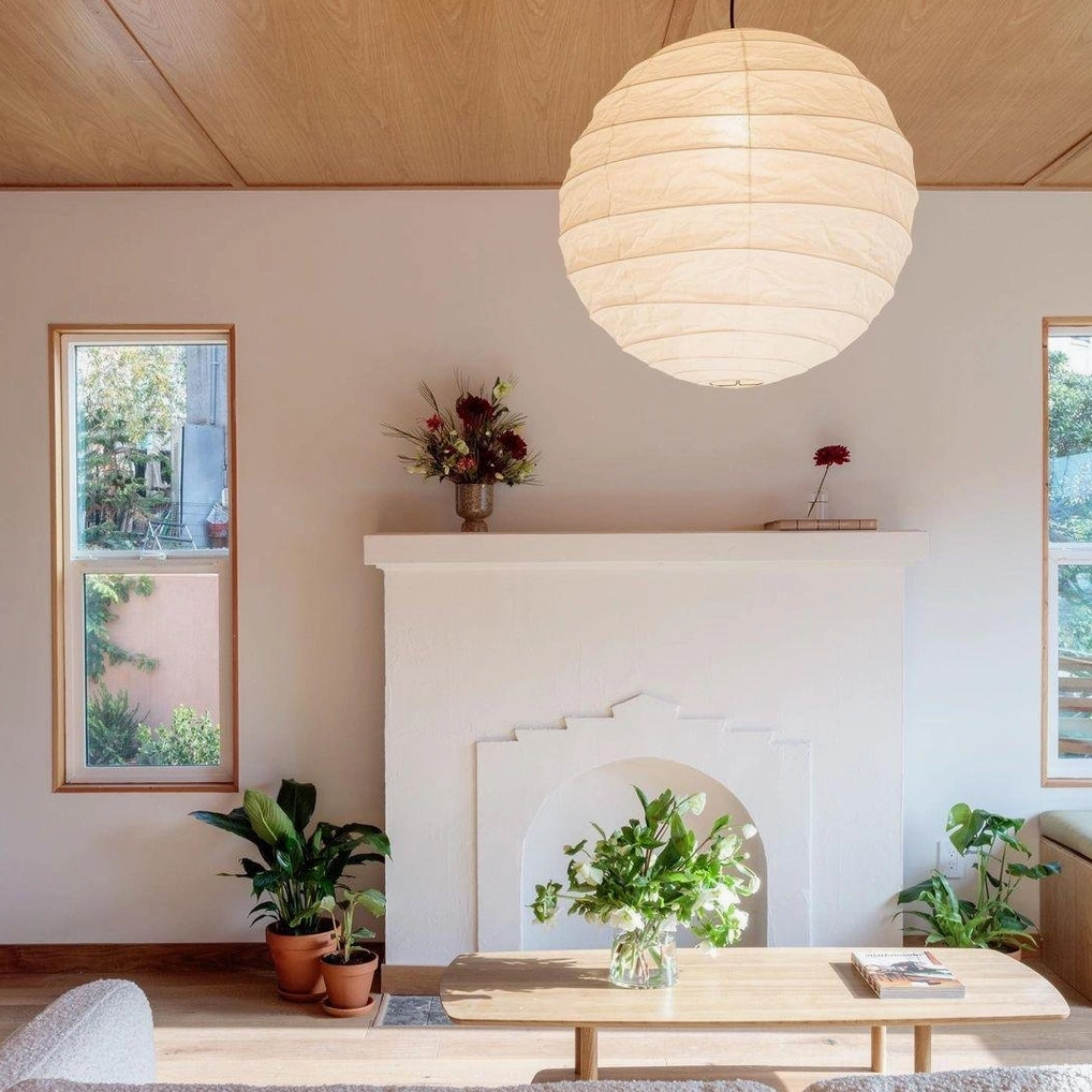 Japanese Washi pendant lamp with iron wire frame - showing minimal structure and paper elegance