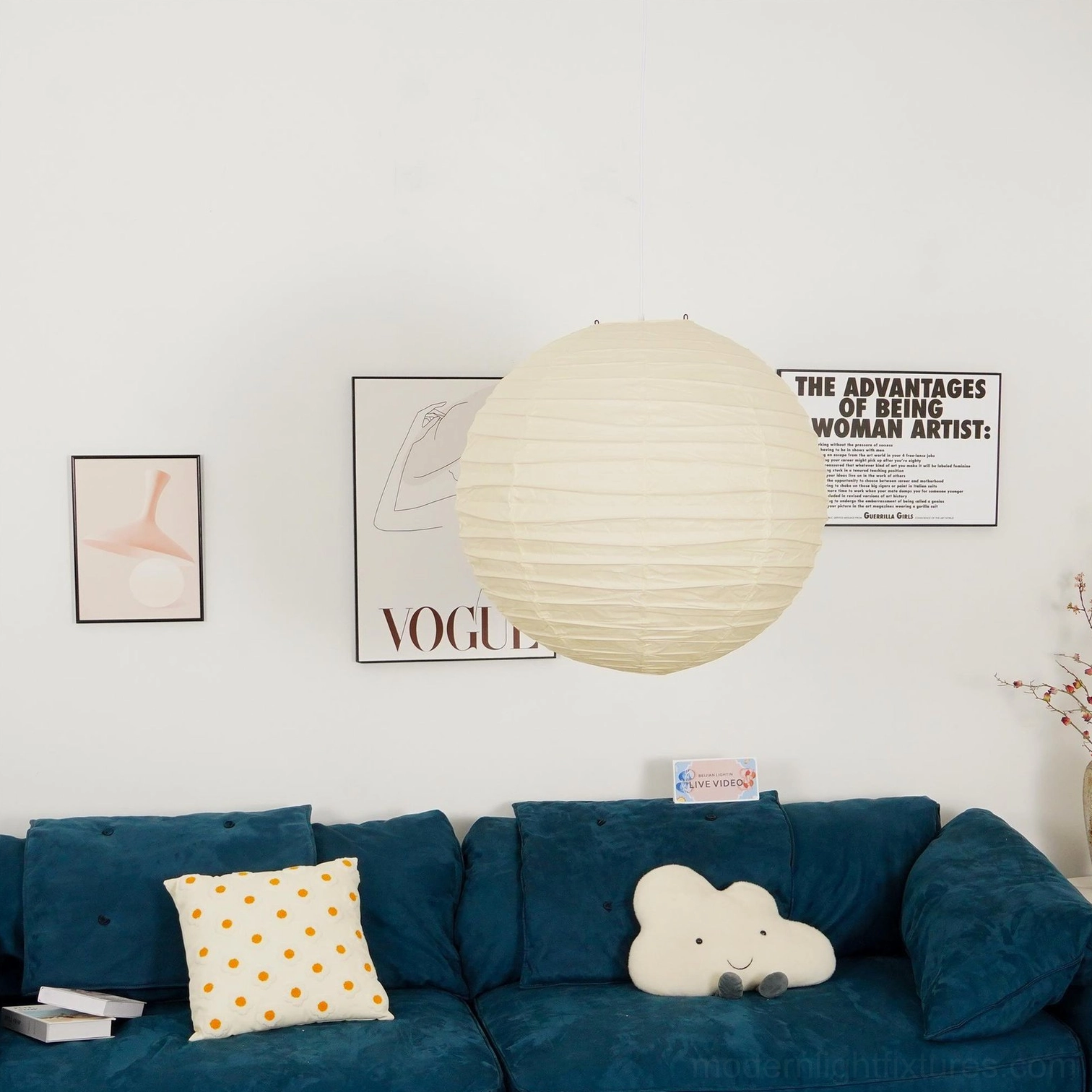 Japanese Washi paper pendant lamp - full room view in open-plan modern home with natural lighting