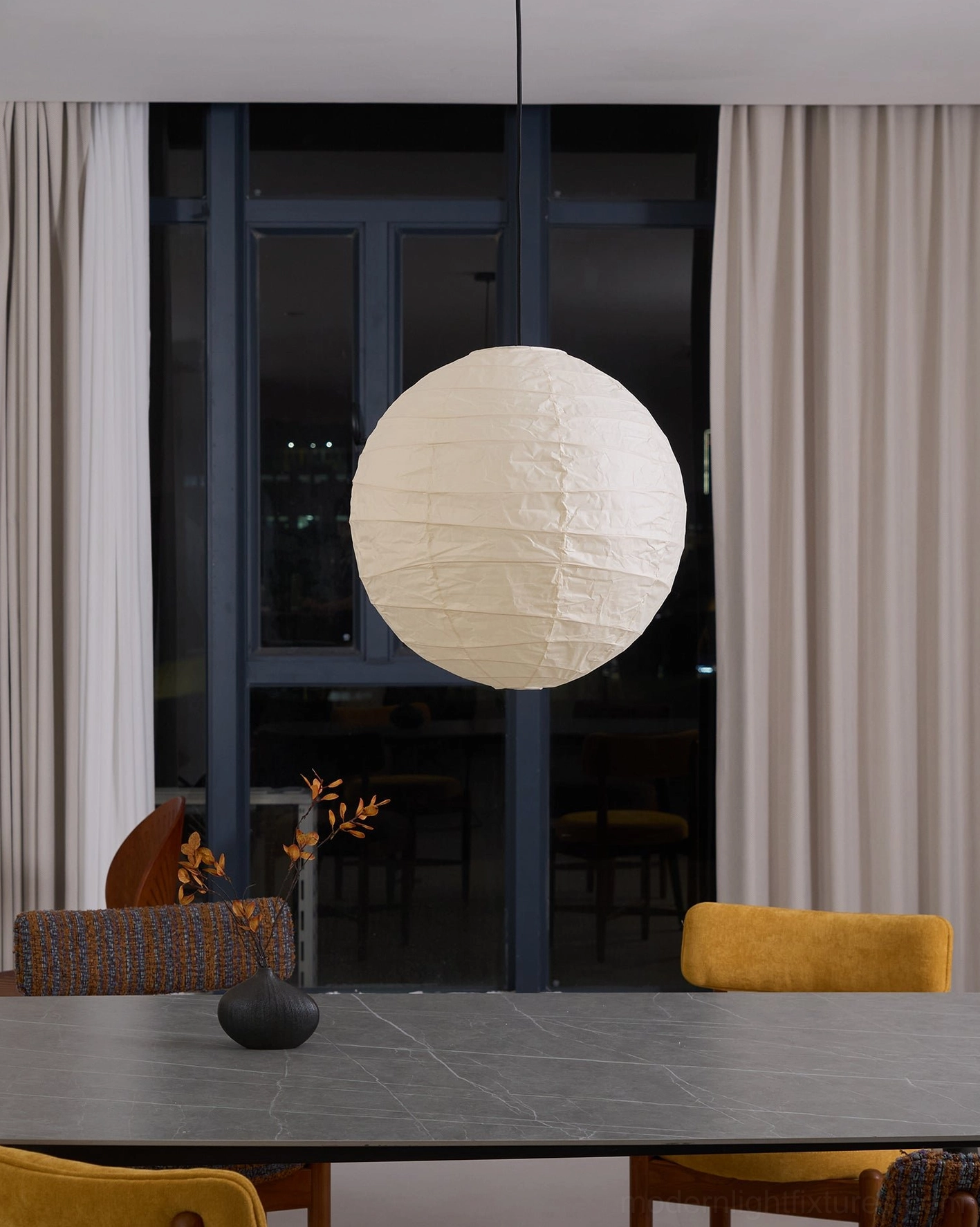 Japanese Washi paper pendant lamp - profile view iron wire frame structure