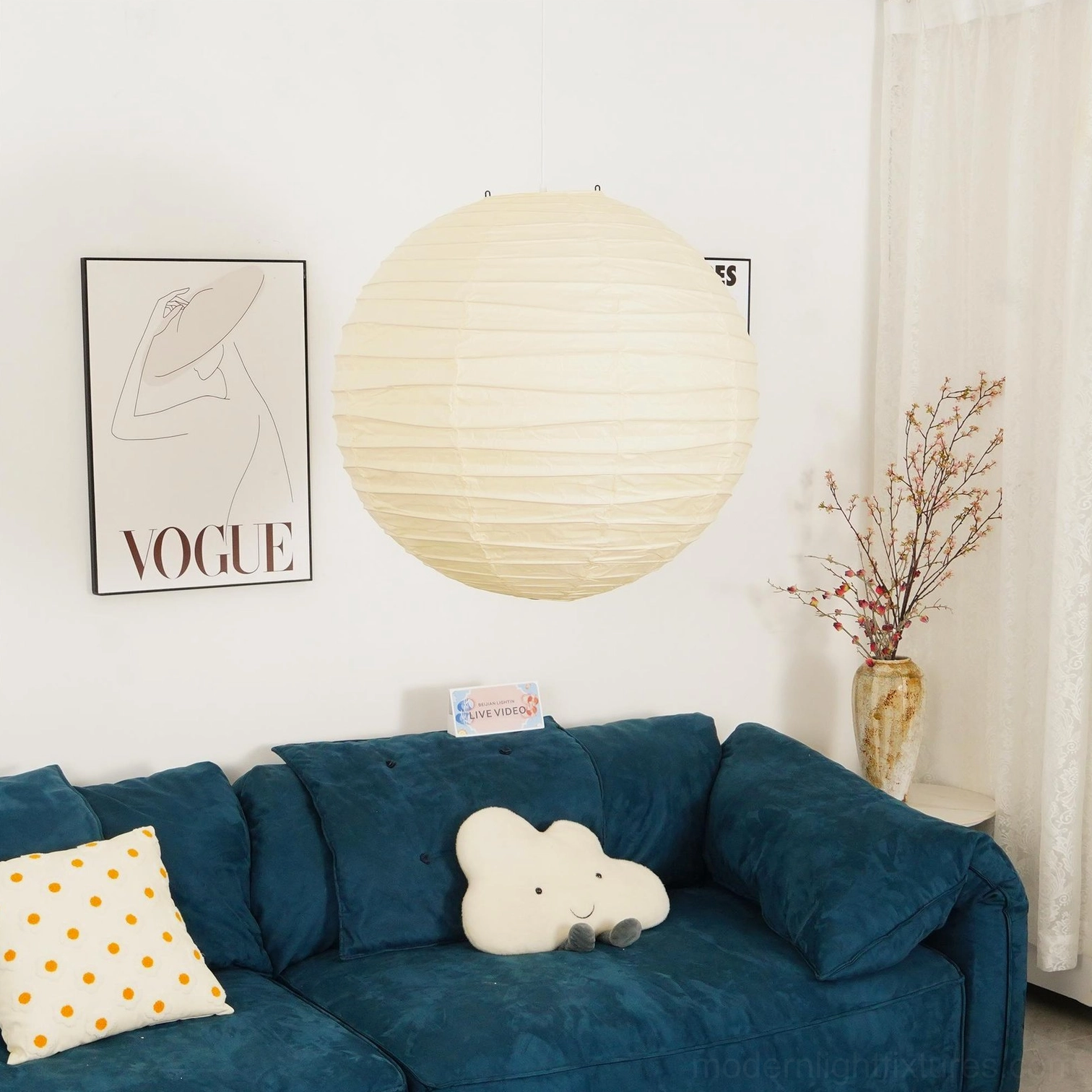 Modern Japanese Washi pendant lamp - showing paper's natural translucency and fiber structure