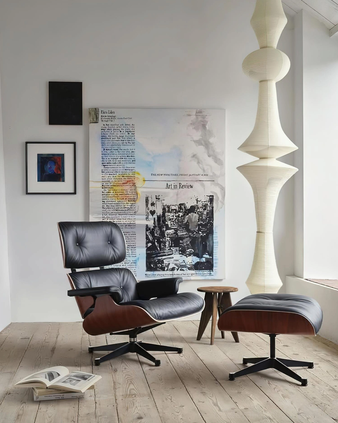Akari E pendant lamp with LED bulb compatibility providing warm diffused light in contemporary space