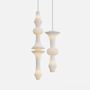 Akari E white paper pendant lamp with stacked organic curved forms, overhead studio view on white background