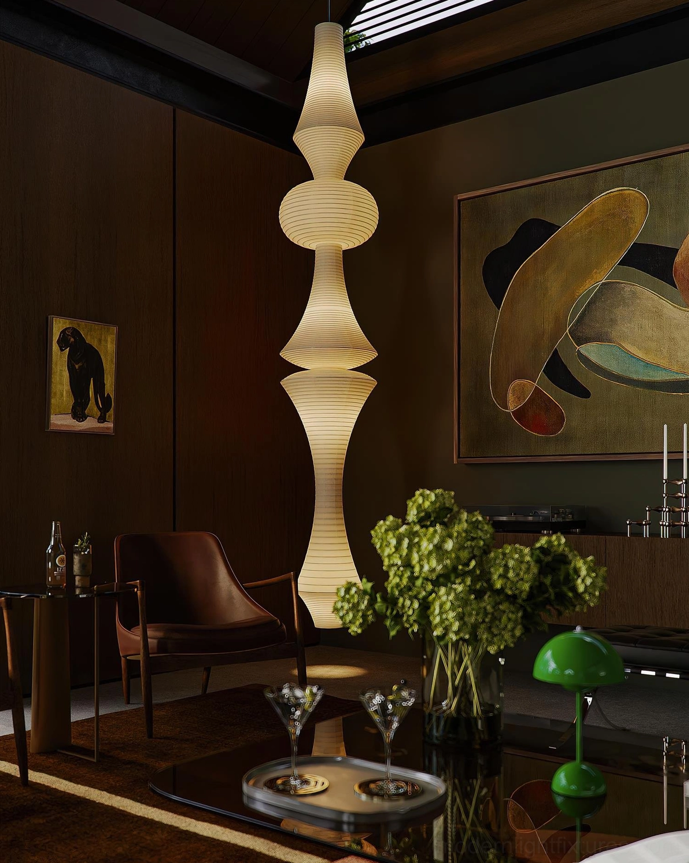 Tall Akari E beige paper pendant lamp in luxury dark wood home lounge with contemporary wall art