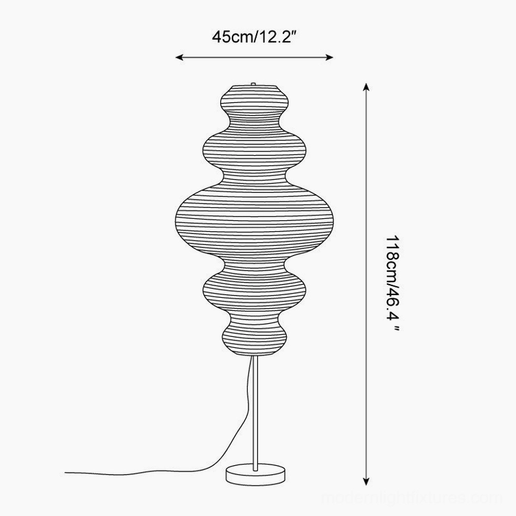 Akari Juni floor lamp technical dimension drawing showing 118cm height and 45cm diameter measurements