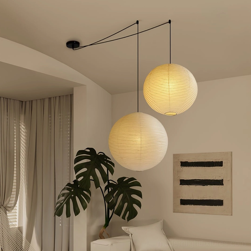 Japanese wabi-sabi aesthetic Akari paper pendant lamp with black cord minimalist design