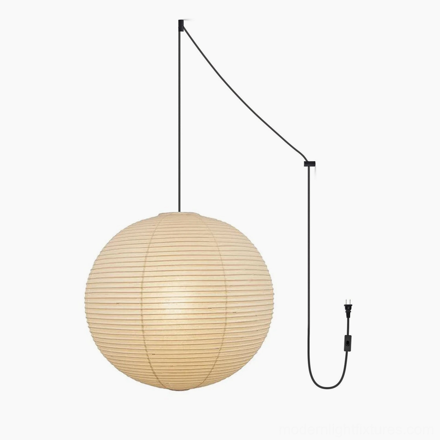 Akari paper pendant light with sloped ceiling compatibility and extended black cord
