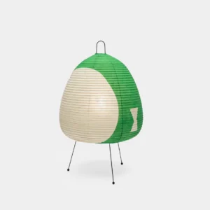 Akari paper table lamp with green and white color block ribbed shade on white background, front view