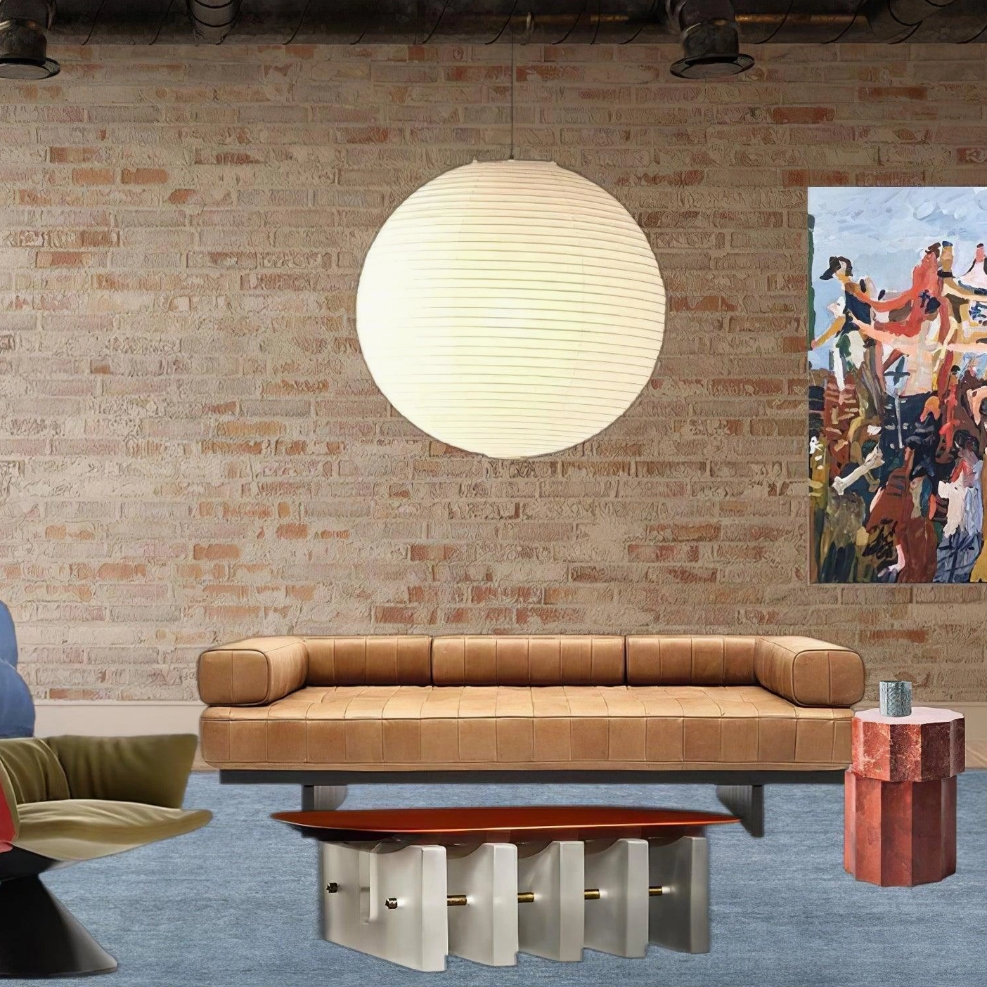Akari A Series pendant lamp above mid-century modern furniture with industrial brick wall