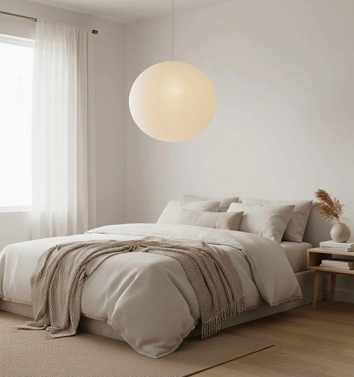 Akari Round pendant lamp in minimalist master bedroom with linen bedding and soft natural light