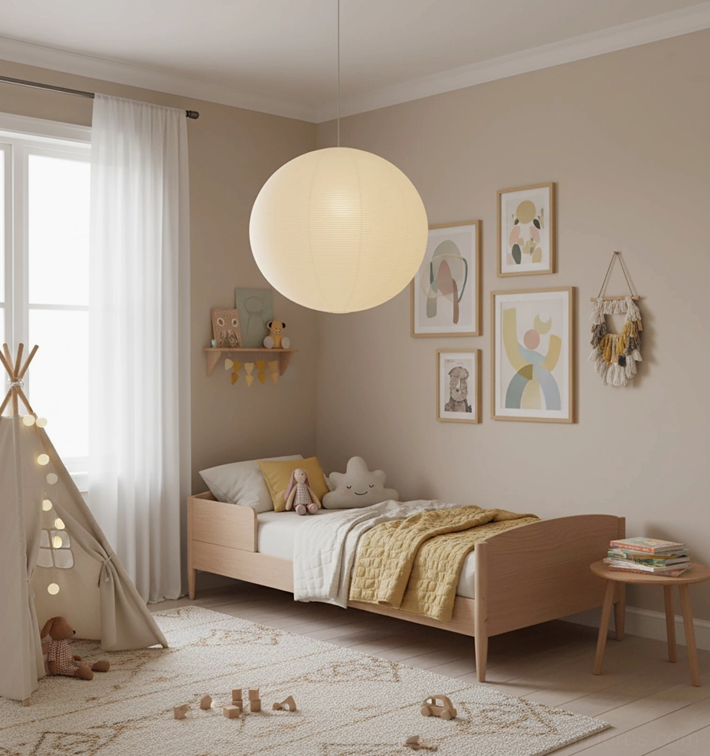 Akari Round pendant lamp in cozy children's bedroom with wooden bed and warm ambient glow