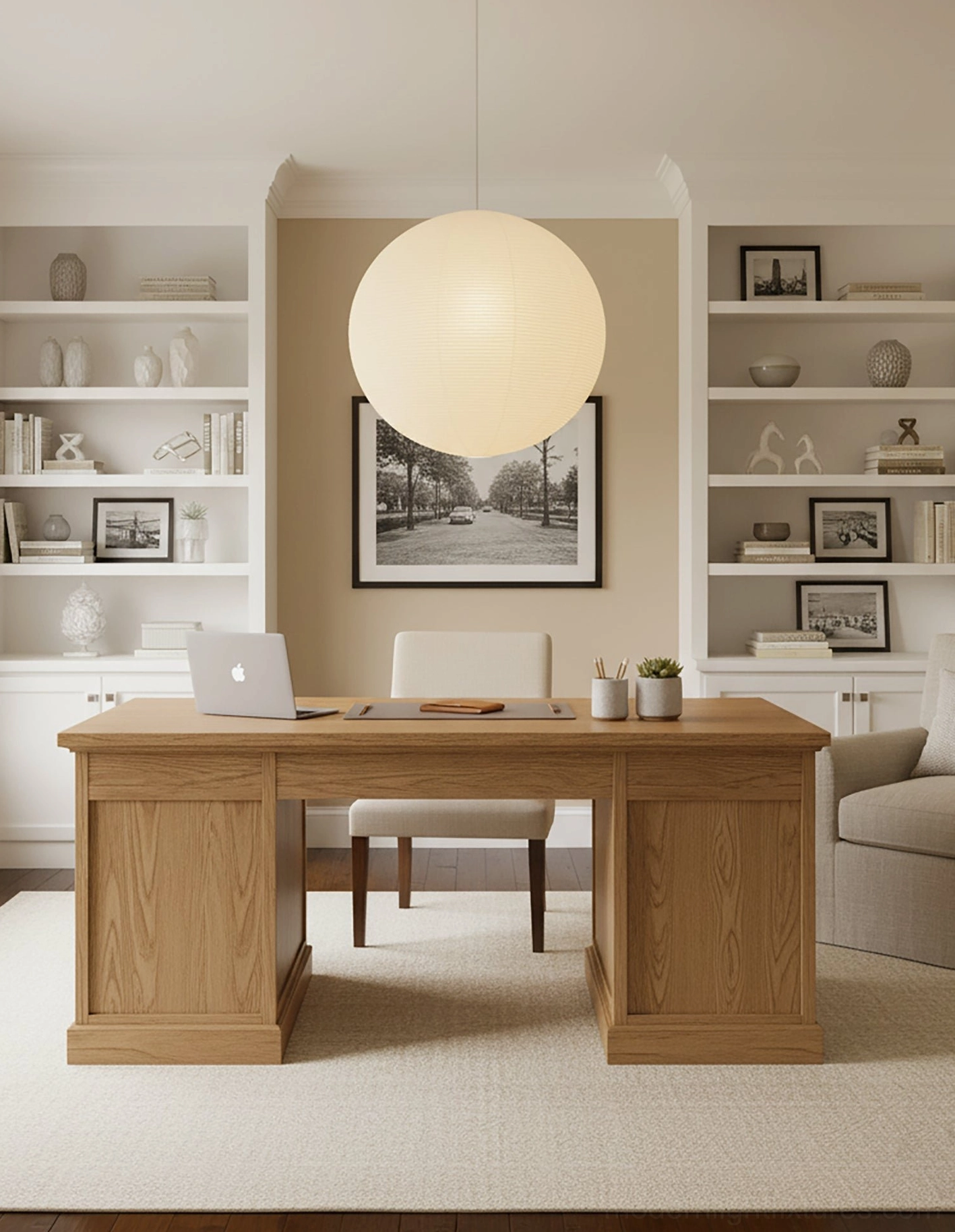 Akari Round pendant lamp installed above modern kitchen island in contemporary home