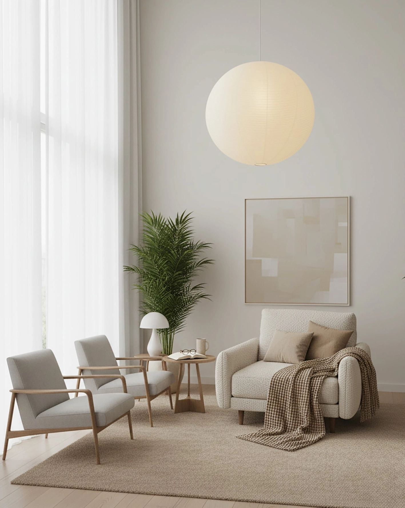 Akari Round pendant lamp in living room lounge area with wood frame seating and potted plant