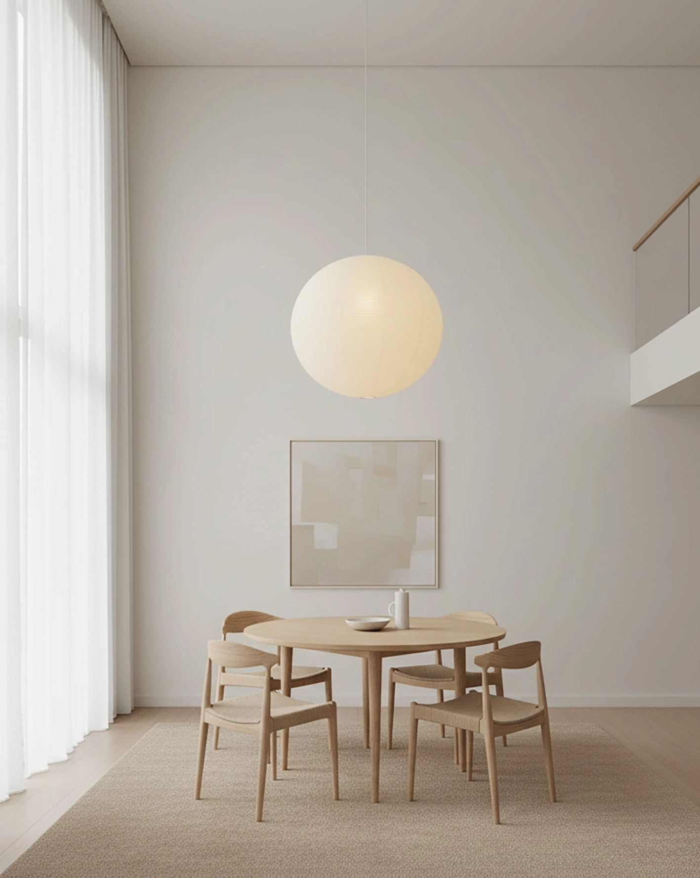 Akari Round pendant lamp above small round dining table in compact neutral dining space