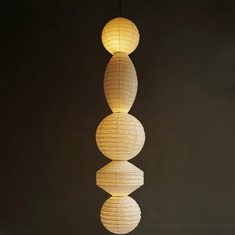 Akari Tayo five-tiered crinkled paper pendant hanging lamp, white finish vertical design