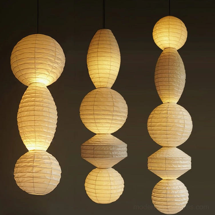 Akari Tayo Model B crinkled paper pendant lamp, medium height hanging light fixture