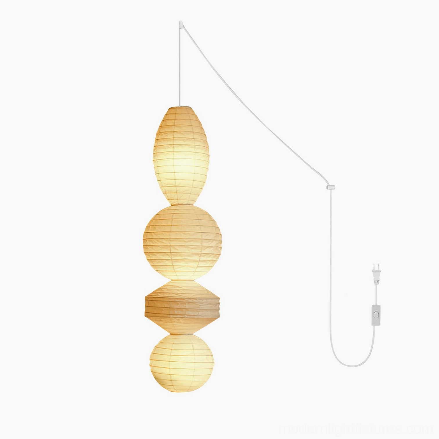 Akari Tayo Model B washi paper pendant light with white cord in contemporary home setting